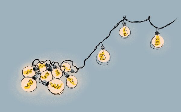 illustration föreställande glödlampor på rad som är ihoptrasslade och några som är ordnade och upphängda efter varandra