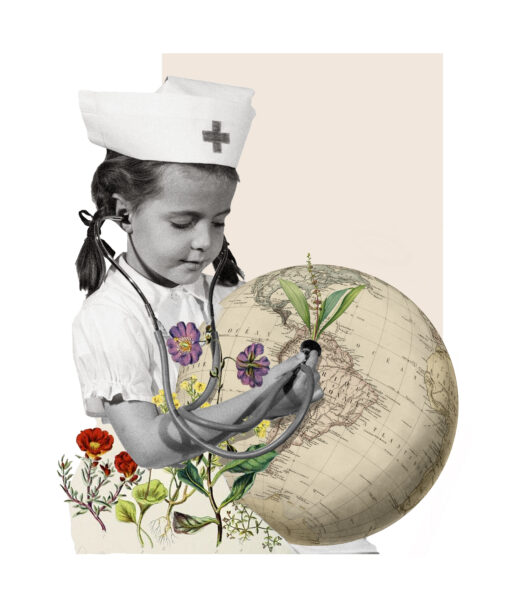 Kollageillustration av en flicka som håller ett stetoskop mot en gammal illustration av en jordglod